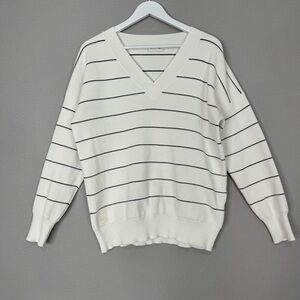 Lacoste Womens Sweater 42 / Large White Striped Waffle Knit V-Neck Tennis Prep